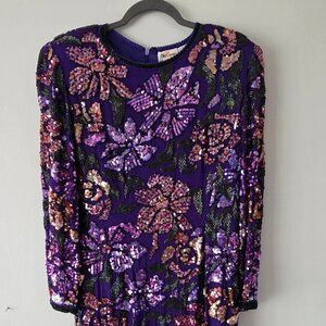 Vintage Oleg Cassini Beaded Silk Evening Dress Purple Floral Size 14